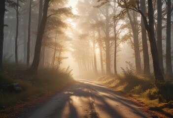 Fototapeta premium Foggy forest road at dawn with golden light filtering through, misty landscape, forest road