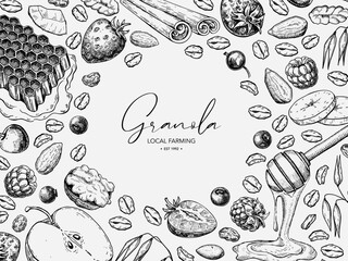 Granola, muesli or oatmeal food vector label template. Breakfast meal sketch. 