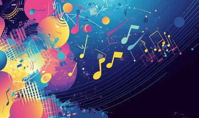 Obraz premium Colorful abstract music composition with notes and vibrant shapes creating a lively atmosphere.