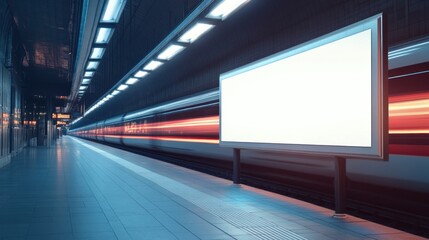 Blank billboard on subway platform with train.