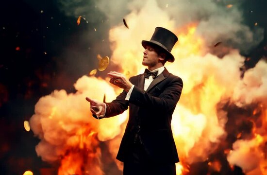 magician doing magic with a lot of money, bitcoin