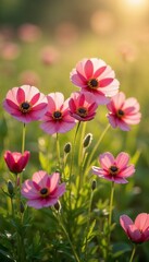 Fototapeta premium Pink cosmos flowers blooming in a sunlit meadow with a serene ambiance