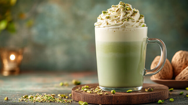 Creamy pistachio latte topped with whipped cream and crushed pistachios, served in a clear glass mug on a rustic wooden coaster in a cozy setting