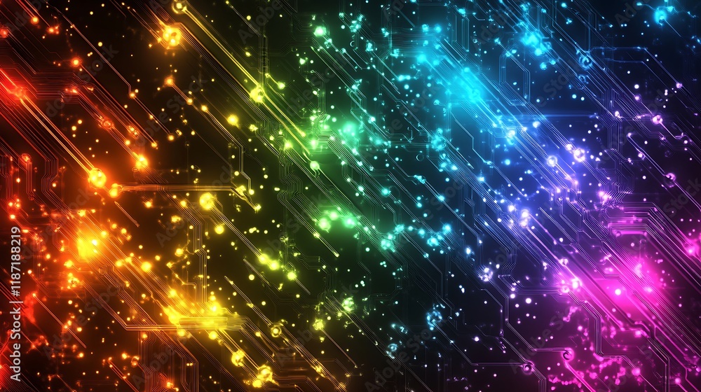 Poster abstract rainbow digital circuit lines and glowing particles.