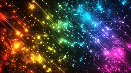 Fototapeta premium Abstract rainbow digital circuit lines and glowing particles.