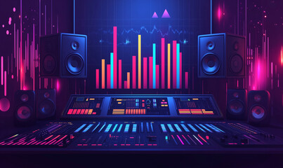 Vibrant digital audio setup featuring colorful lights and sound equipment, perfect for music production or DJ settings.