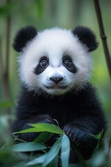 Obraz premium Adorable panda cub eating bamboo leaves.