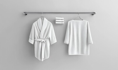 White bathrobes and towels hanging in bathroom