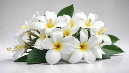 Fresh white frangipani bloom on a white backdrop, pure white, blossom, close-up, foliage
