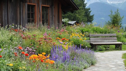 Fototapeta premium Rustic wooden bench in a vibrant alpine flower garden beside a wooden cabin.