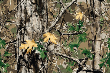 Camouflage seamless pattern. Vector tree hunting camouflage woodland pattern. Deer hunting camo. Hunting camouflage background. 