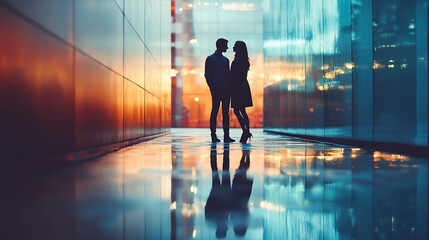 Fototapeta premium Silhouetted couple romantically gazing at each other, reflected in a wet city street at night.