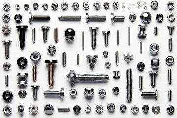 Obraz premium Various types of metal fasteners arranged neatly on a white background showcasing their shapes and sizes