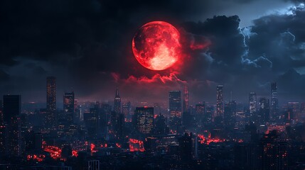 Fototapeta premium Glowing crimson moonlight shining over waves and a distant horizon image