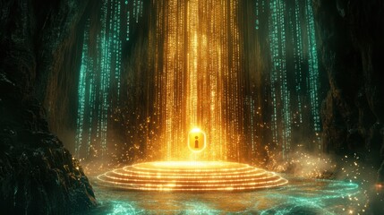 Glowing Lock Surrounded by Streams of Encrypted Data