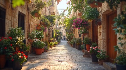 Obraz premium Flower-lined street in old town at sunrise, blurred people stroll.
