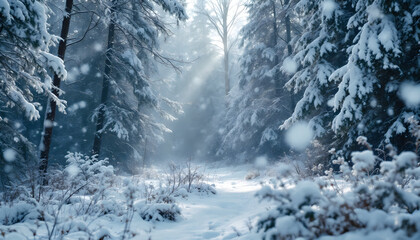 Naklejka premium Snow-Covered Winter Forest Path: Serene Sunlit Scene