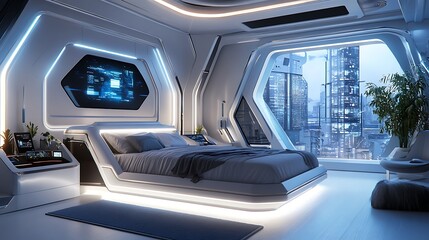 High tech design elements and modern lighting in a futuristic bedroom