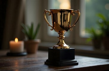 The winner's cup is golden in color, with a gray-brown textured wall in the background. There is a place for text or advertising