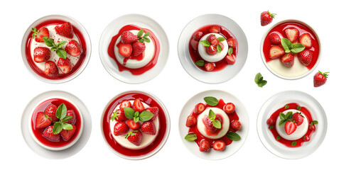 Pack Italian Panna Cotta Dessert Topped with Strawberries set Against a Transparent Background for Culinary, Dessert, or Food Photography
