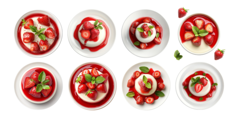 Pack Italian Panna Cotta Dessert Topped with Strawberries set Against a Transparent Background for Culinary, Dessert, or Food Photography