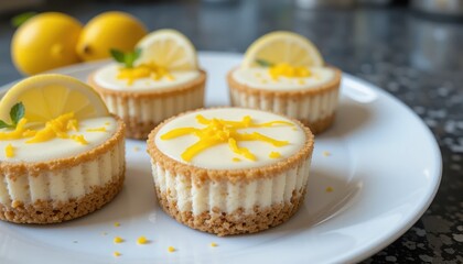 A small cheesecake with a smooth white cream topping sits at the center, surrounded by a crumbly graham cracker crust. Bright yellow orange zest decorates the top, adding a fresh and vibrant touch.