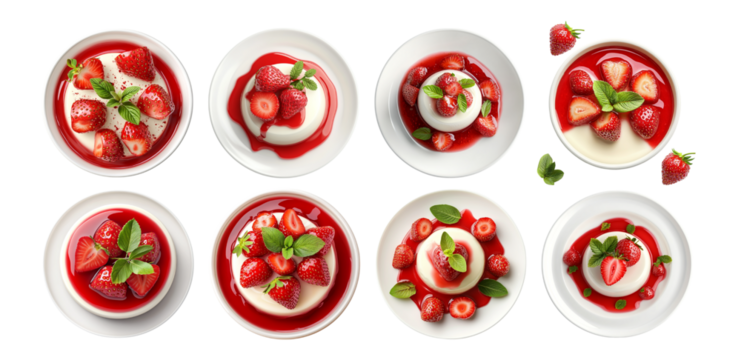 Pack Italian Panna Cotta Dessert Topped with Strawberries set Against a Transparent Background for Culinary, Dessert, or Food Photography