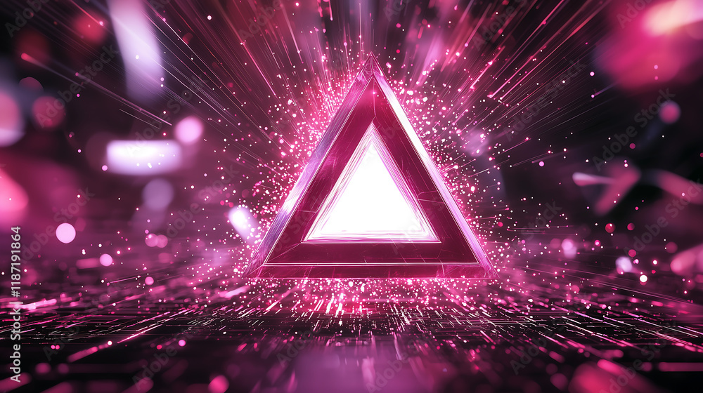 Poster futuristic glowing triangle with vibrant pink neon rays and dynamic abstract design