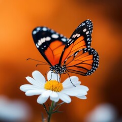 Fototapeta premium Colorful Butterfly Perched on Simple White Flower Against Bright Background