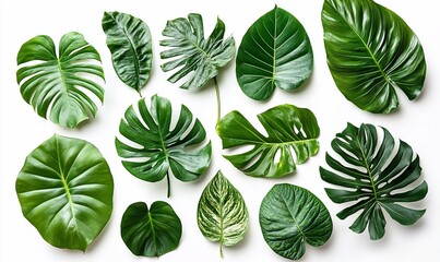 Tropical leaves arrangement, white background, flat lay, nature, design, visual, aesthetic, digital