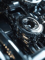Fototapeta premium Intricate arrangement of shiny metal gears and components showcases the precision of engineering in a mechanical assembly. The reflective surfaces highlight the complexity of the design