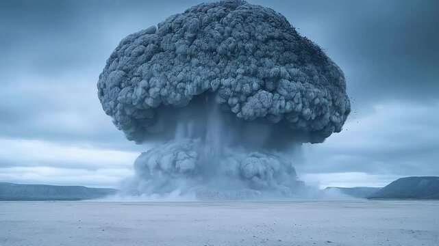 Dramatic video showing a colossal mushroom cloud rising from an explosion, with smoke and dust spreading through a desolate environment under a gloomy sky.