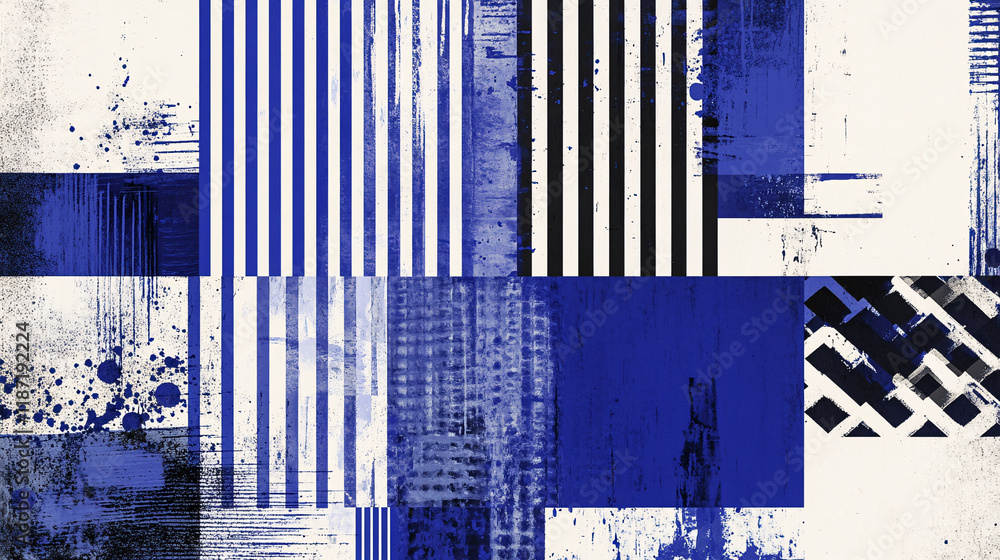Poster geometric abstract artwork combining bold blue and white stripes with grunge textures and dynamic bl