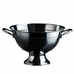 Stainless steel colander with footed base and handles, front view, against a black background, featuring a reflective surface, isolated for sharp focus.
