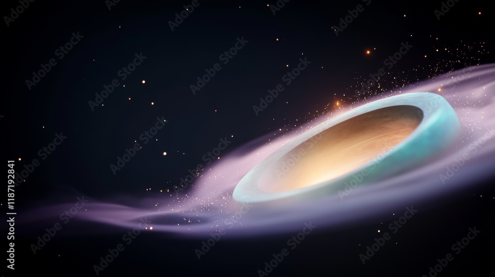 Poster a captivating cosmic scene depicting a swirling galaxy with a luminous core, surrounded by stars and