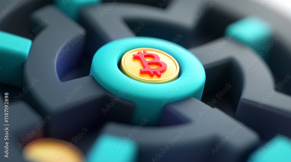 Poster a close-up image of a bitcoin symbol embedded in a colorful, abstract design, representing cryptocur