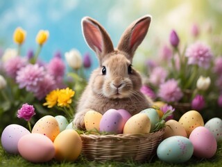 A realistic fluffy Easter bunny sits in a basket among spring flowers. Easter bright decorative eggs in a basket.