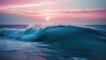 Obraz premium Stunning teal wave crashing on the beach at sunset. Pink and purple sky, tranquil ocean scene. Perfect for travel, nature, and serenity themes