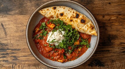 A vibrant bowl of savory stew topped with fresh herbs and accompanied by a warm bread, presented on a rustic wooden table.
