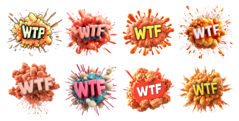 Pack Comic Explosion with the Text "WTF" in Bold Typography, set Against a Transparent Background for Shocking, Surprising, or Attention-Capturing Concepts