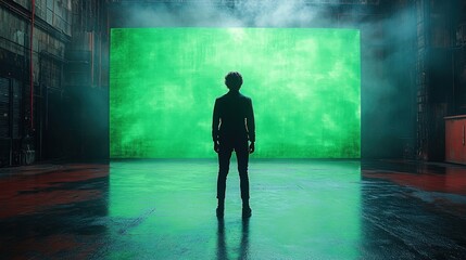 Obraz premium Silhouette facing large green screen, industrial setting.