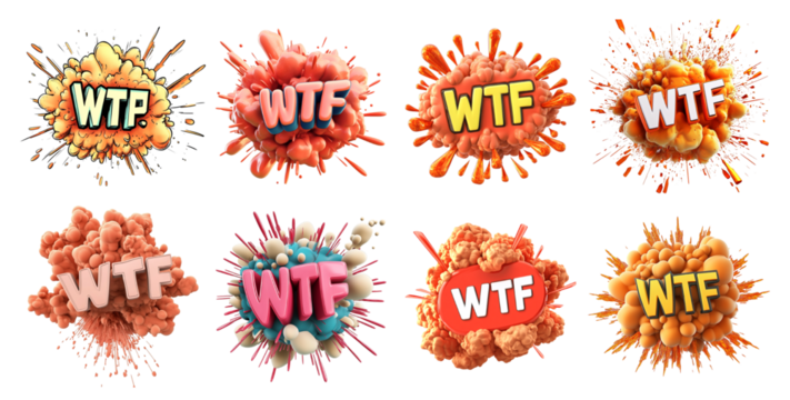 Pack Comic Explosion with the Text "WTF" in Bold Typography, set Against a Transparent Background for Shocking, Surprising, or Attention-Capturing Concepts