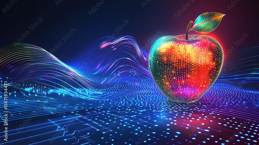 Poster futuristic quantum computer concept with colorful data lines