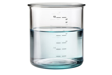 Glass container filled with clear liquid marked with measurement lines on a white background - obrazy, fototapety, plakaty