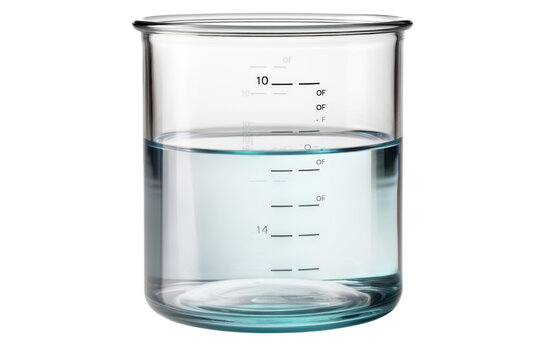 Glass container filled with clear liquid marked with measurement lines on a white background