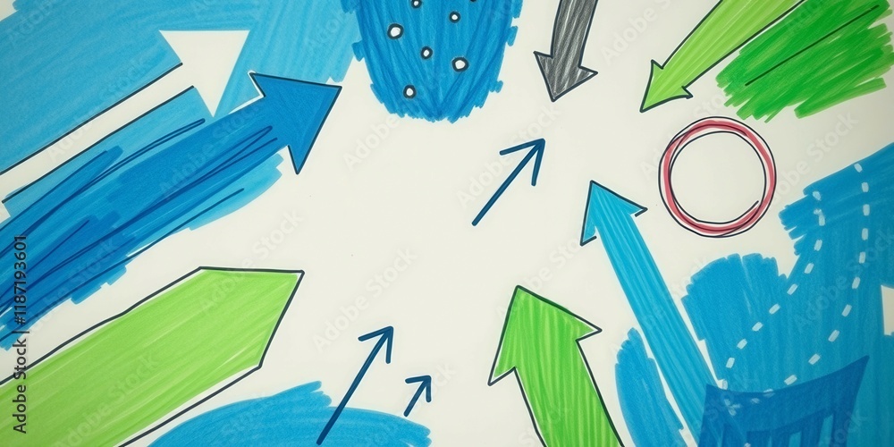 Poster a drawing of arrows and a circle on a white background. the arrows are pointing in different directi