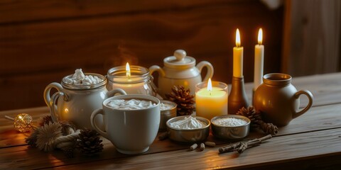 Fototapeta premium A table with a variety of cups, candles, and other items. Scene is cozy and warm, with the candles providing a soft, flickering light