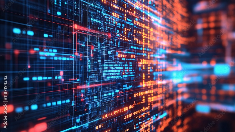 Poster dynamic data visualization with lines and scaled technology elements