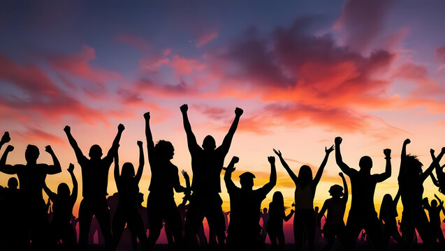 Group of people in silhouette cheering against vibrant sunset sky, expressing joy and celebration. scene captures moment of unity and excitement