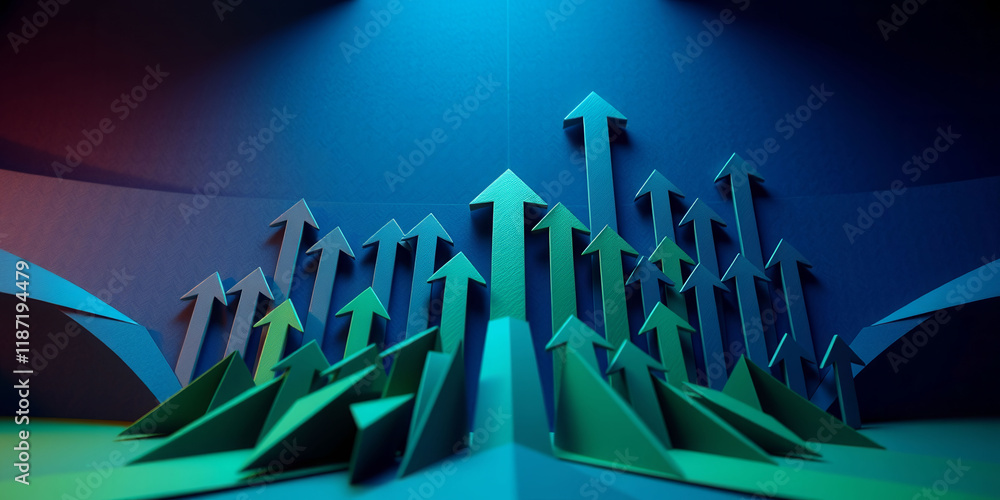 Poster a series of neon arrows are displayed in a dark room. the arrows are green and blue, and they are ar